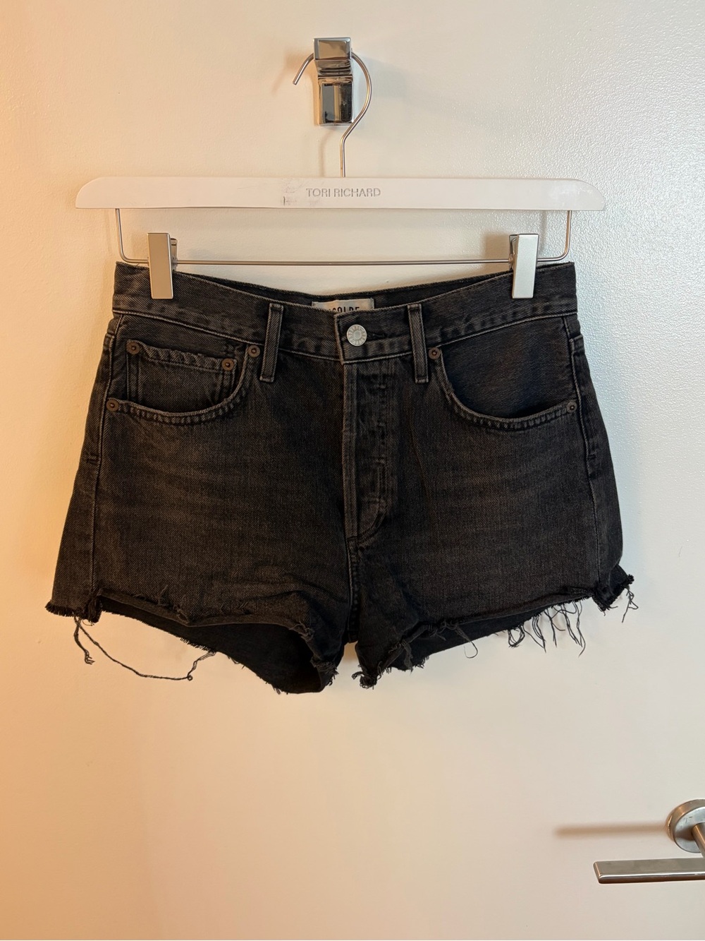Agolde Black Distressed Raw-Hem Denim Shorts